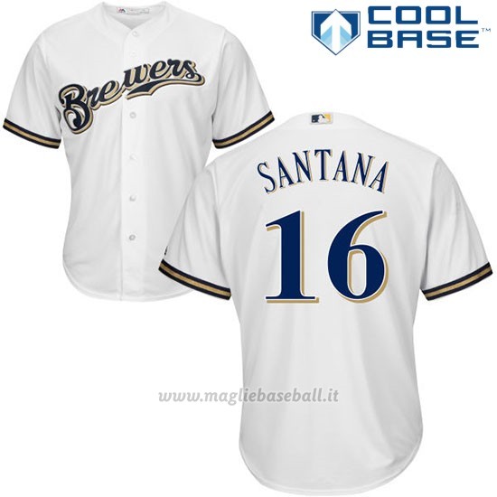 Maglia Baseball Uomo Milwaukee Brewers Domingo Santana Bianco Autentico Collezione Cool Base Custom